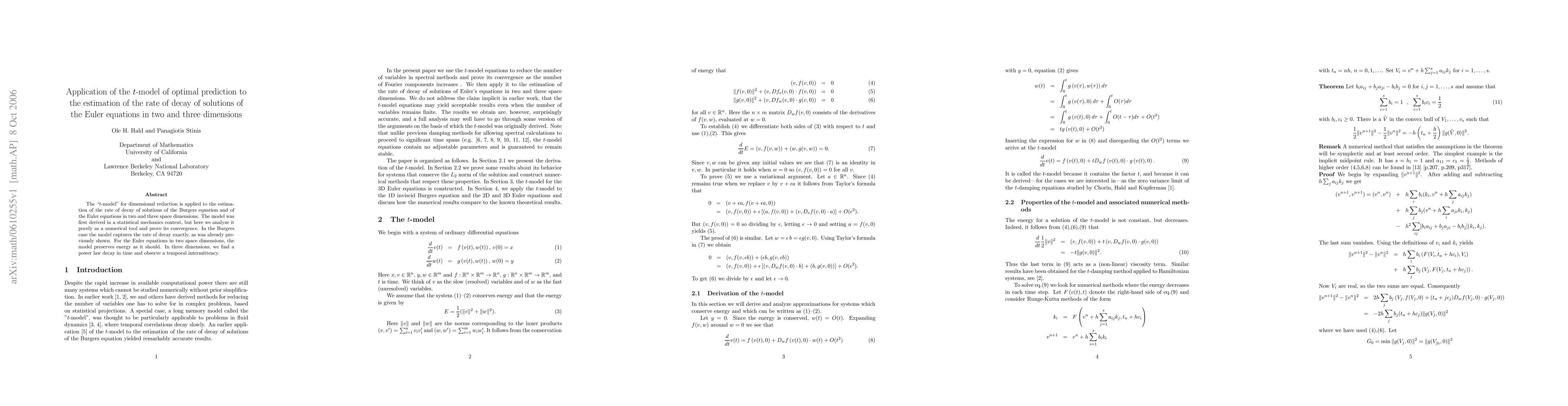 Thumbnail for Application of the t-model of optimal prediction to the estimation of
  the rate of decay of solutions of the Euler equations in two and three
  dimensions