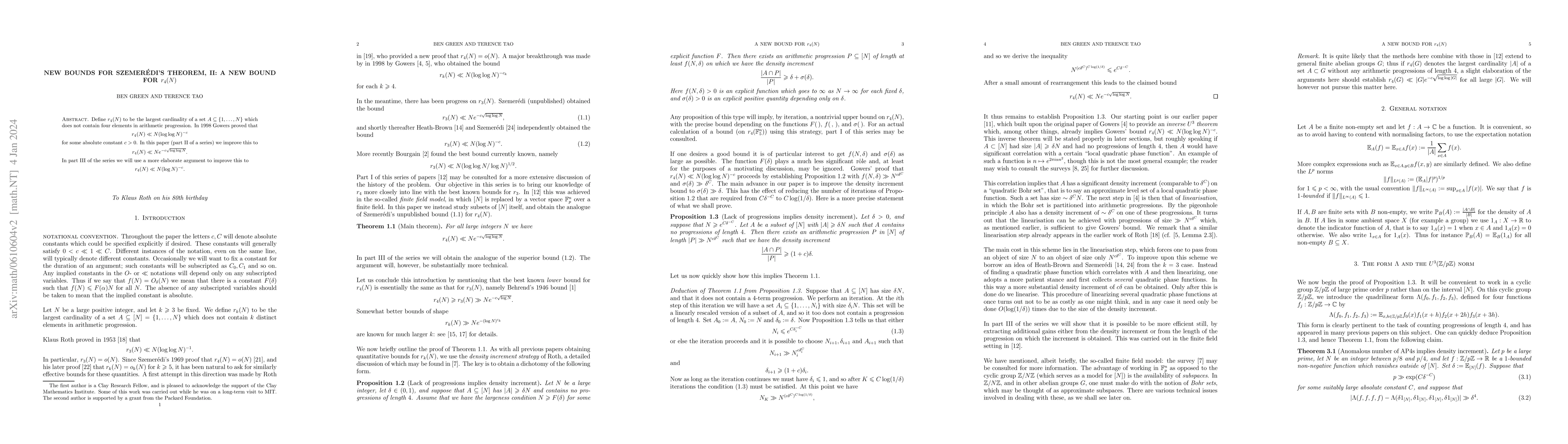 Thumbnail for New bounds for Szemeredi's theorem, II: A new bound for $r_4(N)$