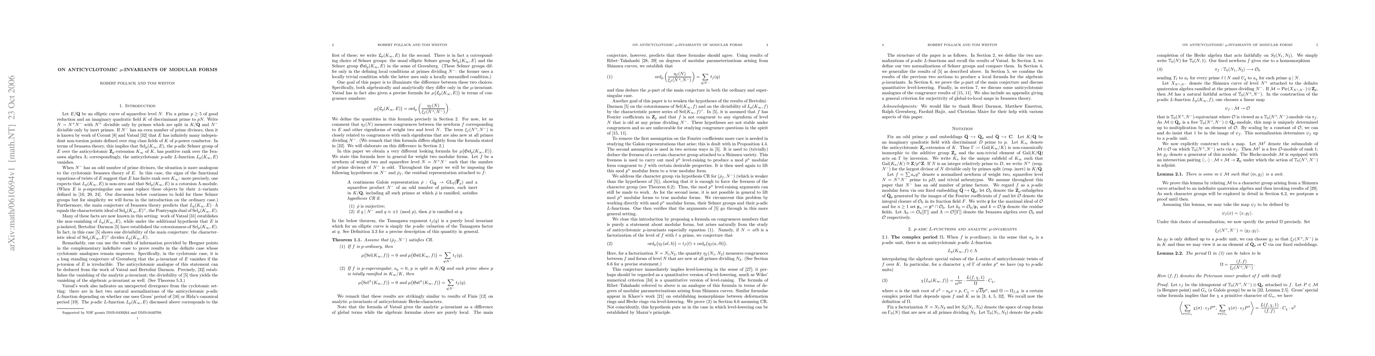 Thumbnail for On anticyclotomic mu-invariants of modular forms