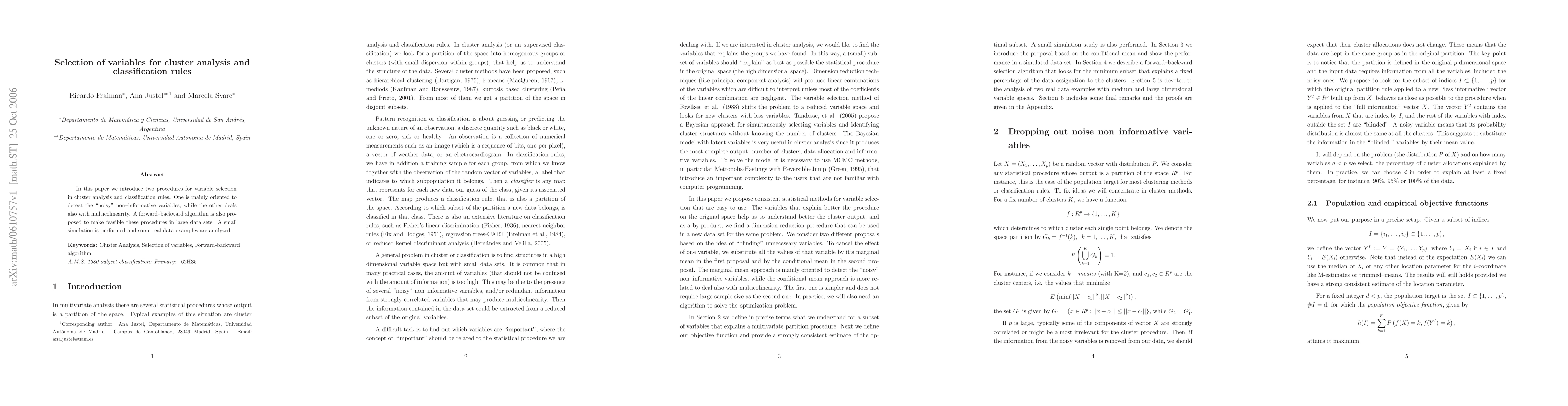 Thumbnail for Selection of variables for cluster analysis and classification rules