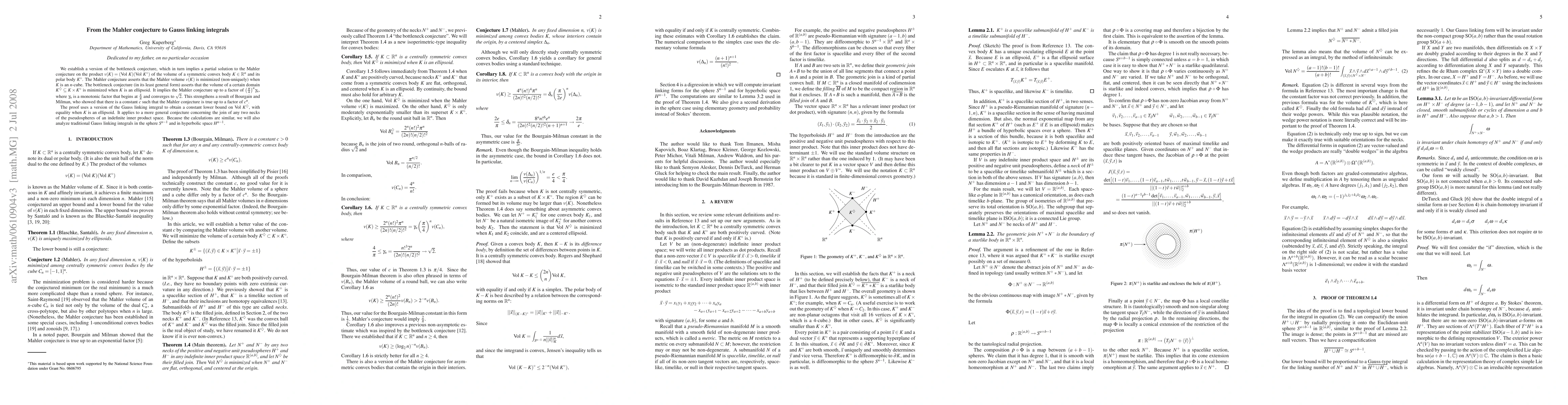 Thumbnail for From the Mahler conjecture to Gauss linking integrals