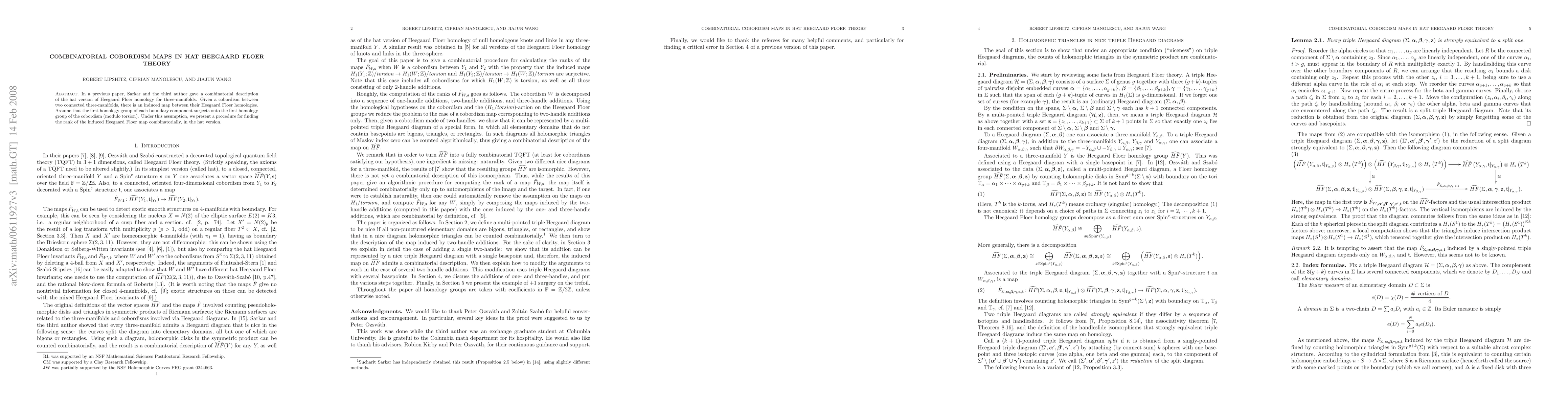 Thumbnail for Combinatorial cobordism maps in hat Heegaard Floer theory