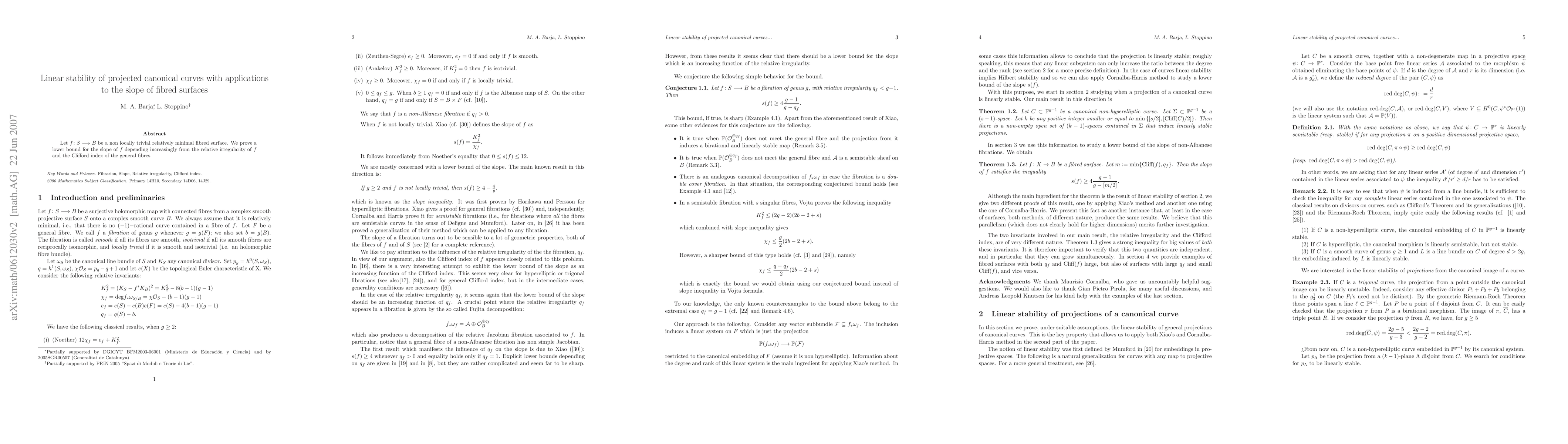 Thumbnail for Linear stability of projected canonical curves with applications to the
  slope of fibred surfaces
