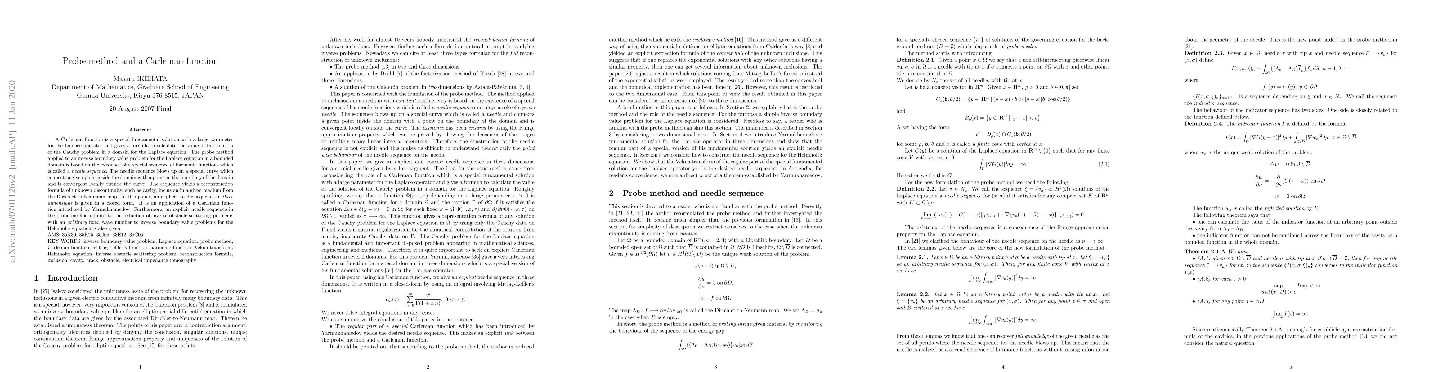 Thumbnail for Probe method and a Carleman function