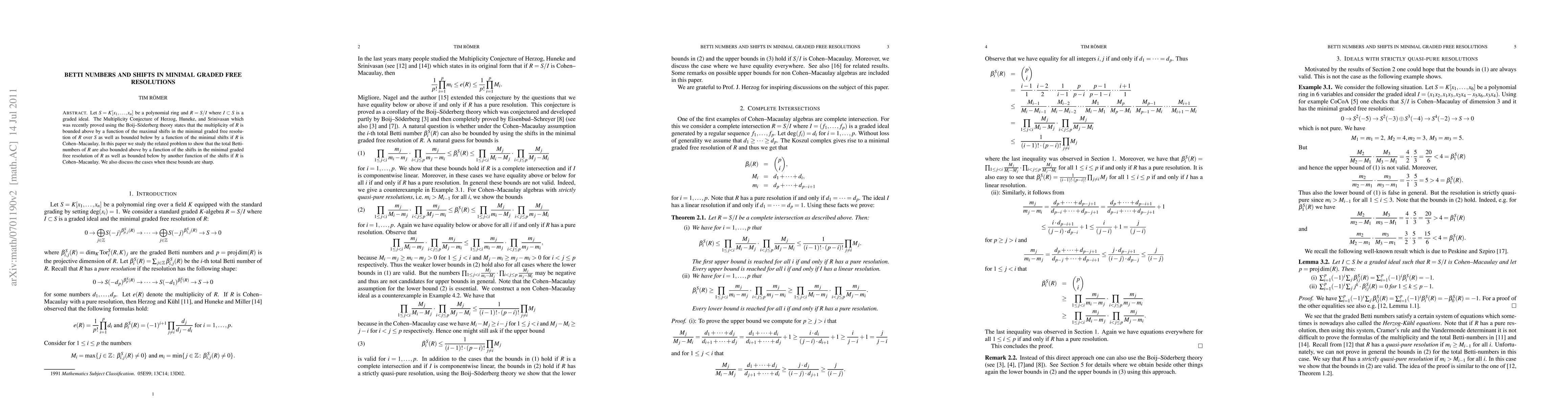 Thumbnail for Betti numbers and shifts in minimal graded free resolutions