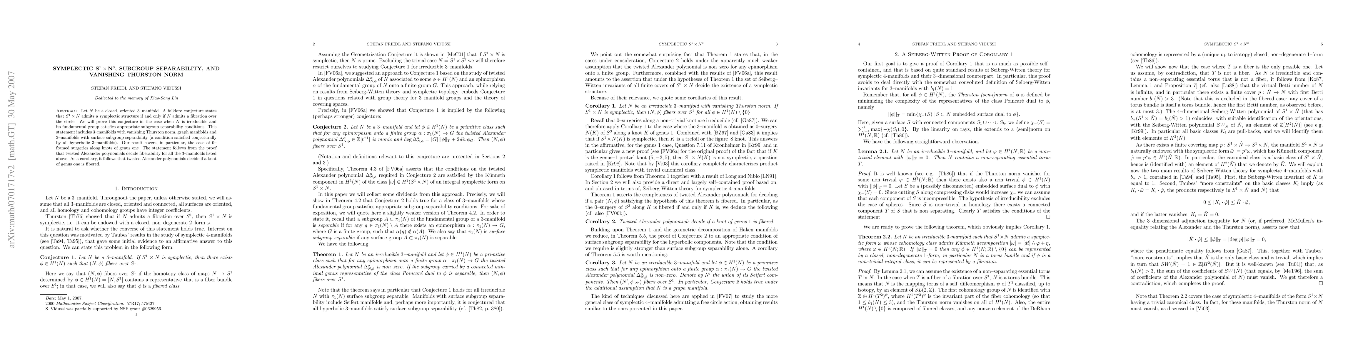 Thumbnail for Symplectic S^1 x N^3, subgroup separability, and vanishing Thurston norm