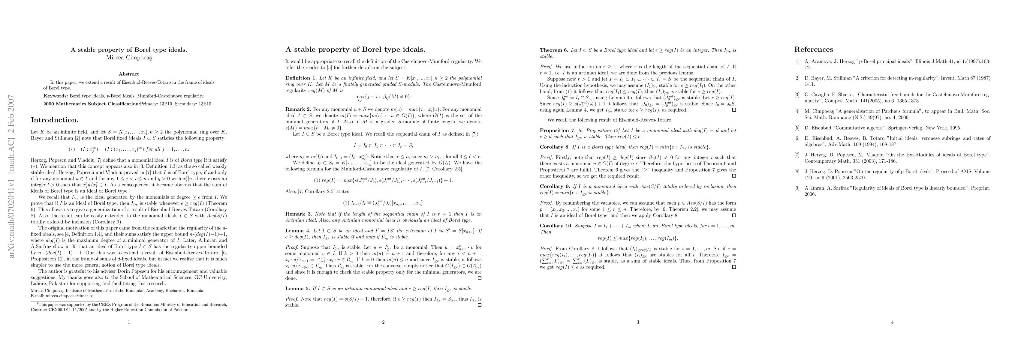 Thumbnail for A stable property of Borel type ideals