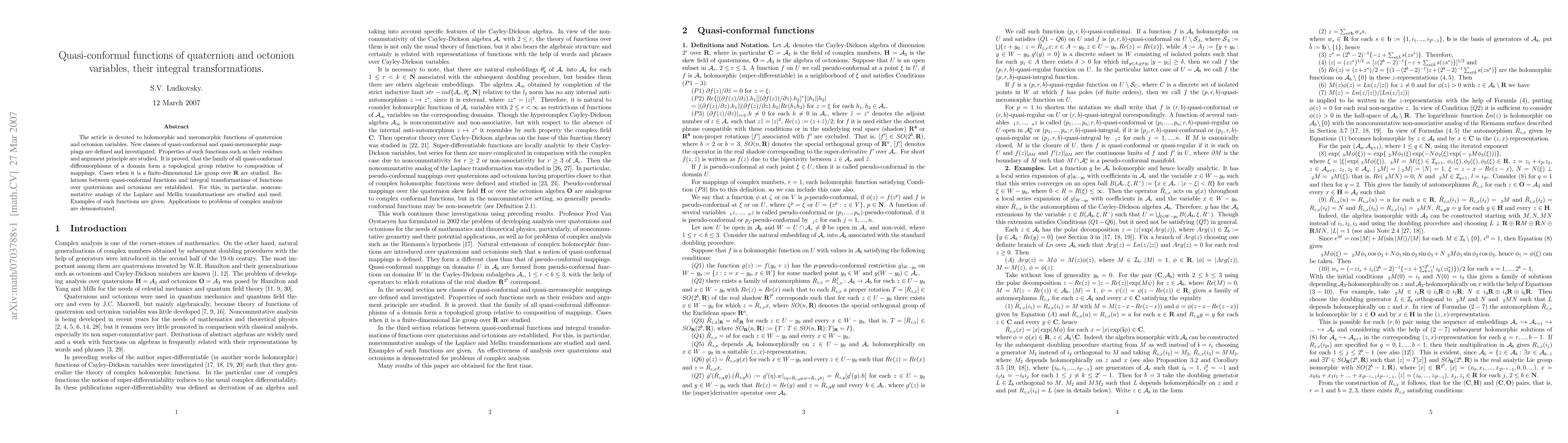 Thumbnail for Quasi-conformal functions of quaternion and octonion variables, their
  integral transformations