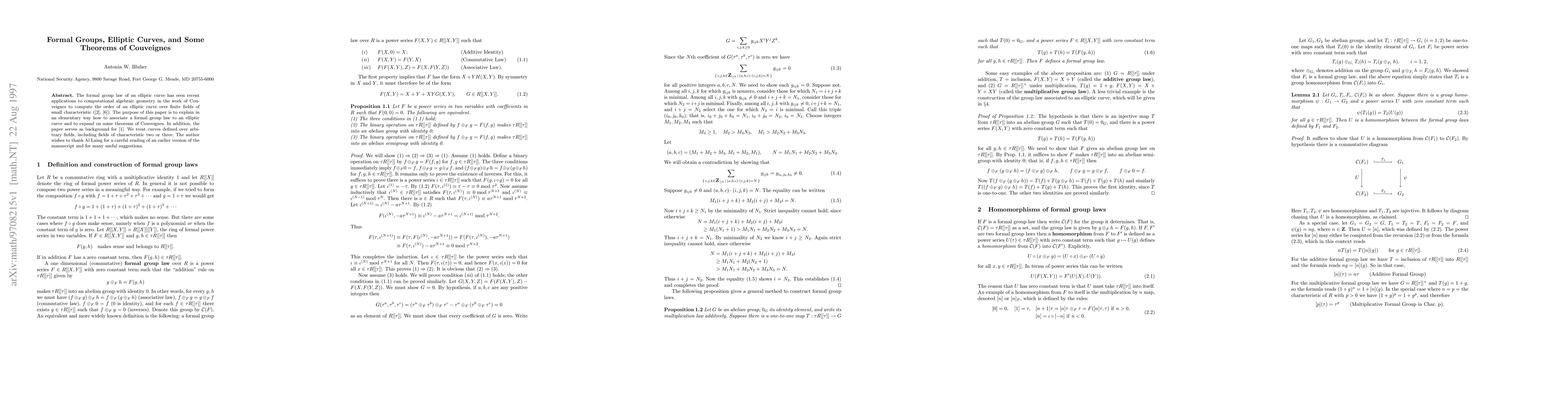 Thumbnail for Formal groups, elliptic curves, and some theorems of Couveignes