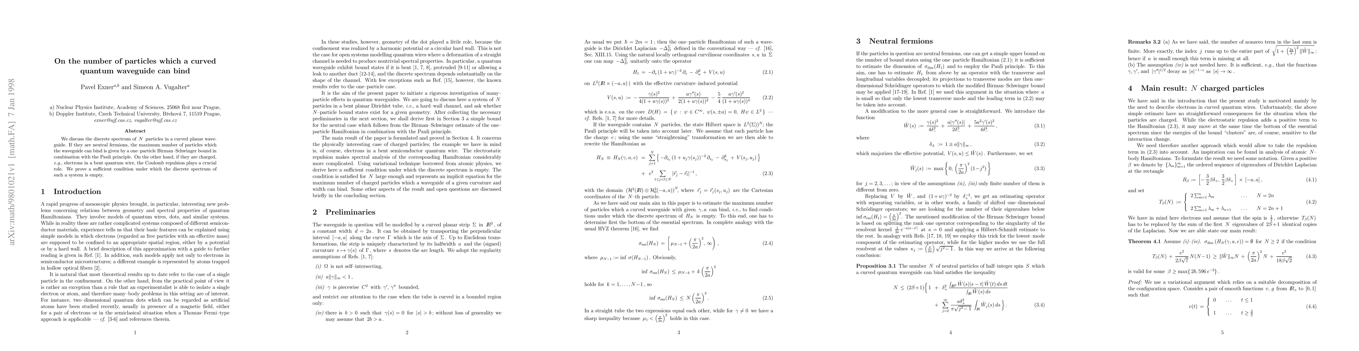 Thumbnail for On the number of particles which a curved quantum waveguide can bind