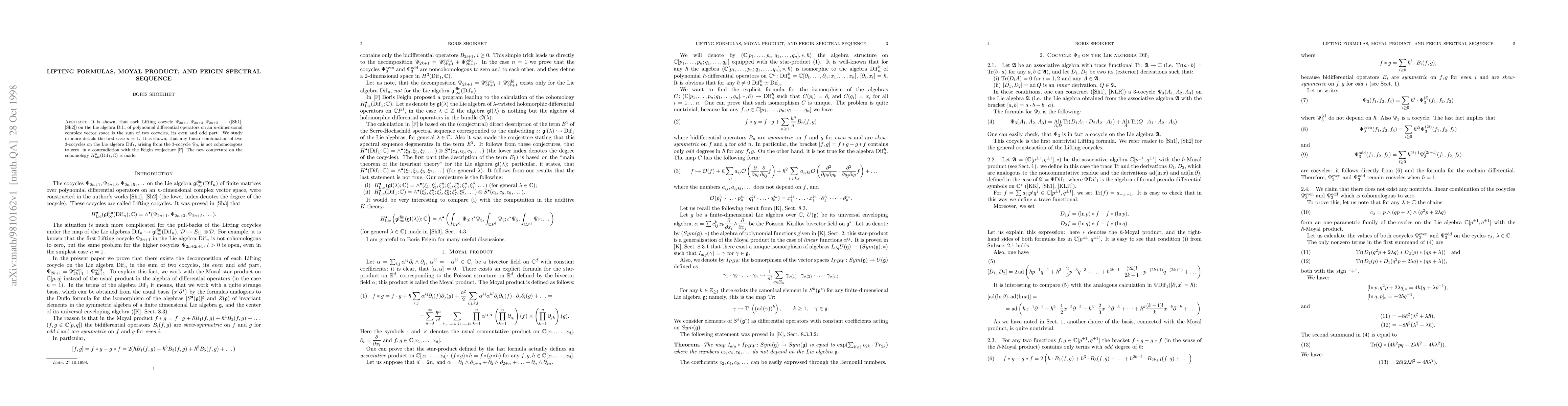 Thumbnail for Lifting formulas, Moyal product, and Feigin spectral sequence