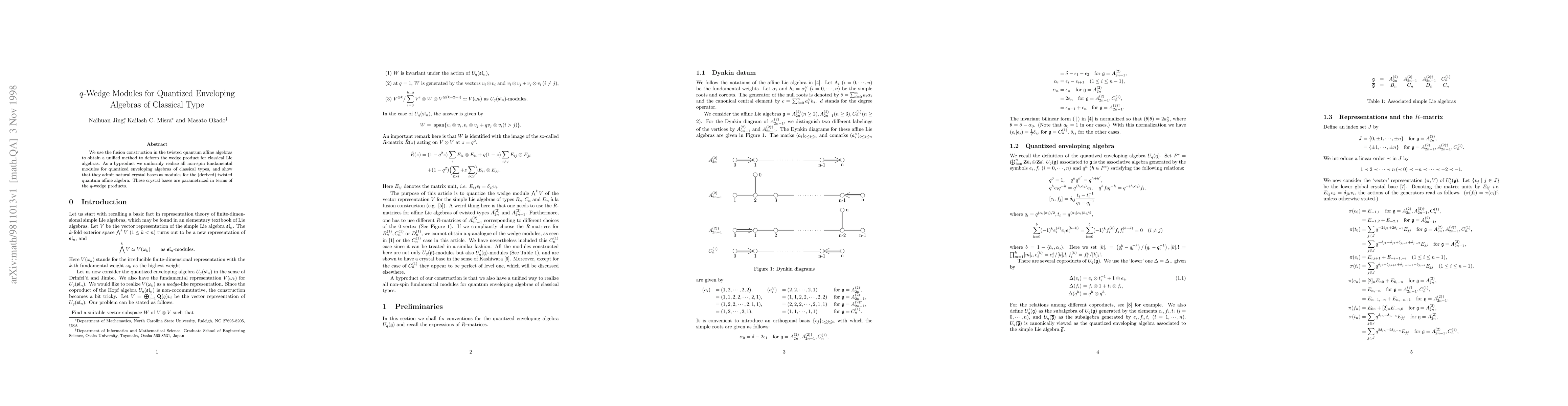 Thumbnail for $q$-Wedge Modules for Quantized Enveloping Algebras of Classical Type