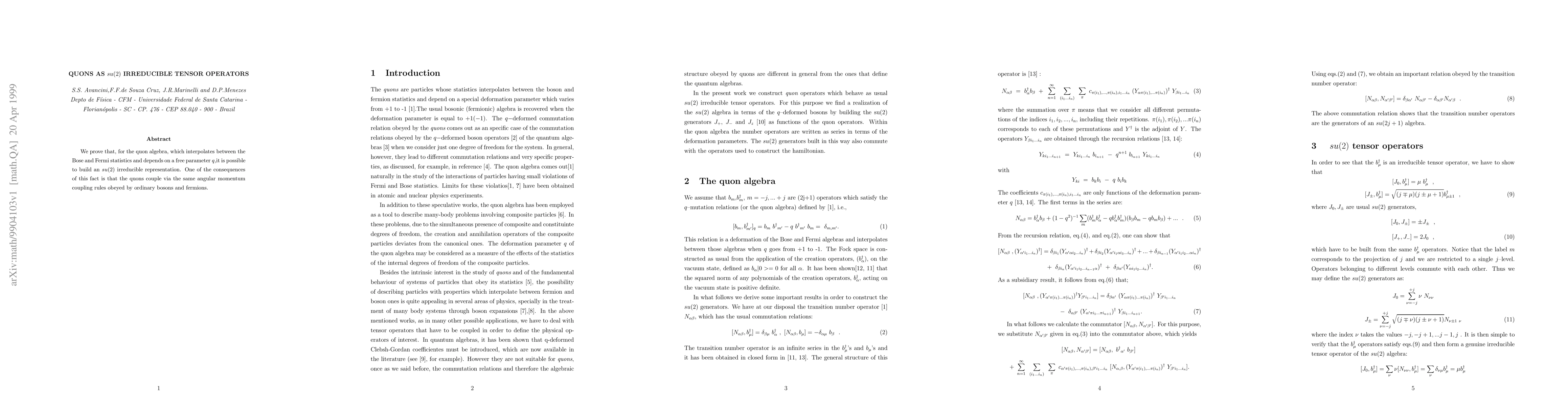 Thumbnail for Quons as su(2) Irreducible Tensor Operators