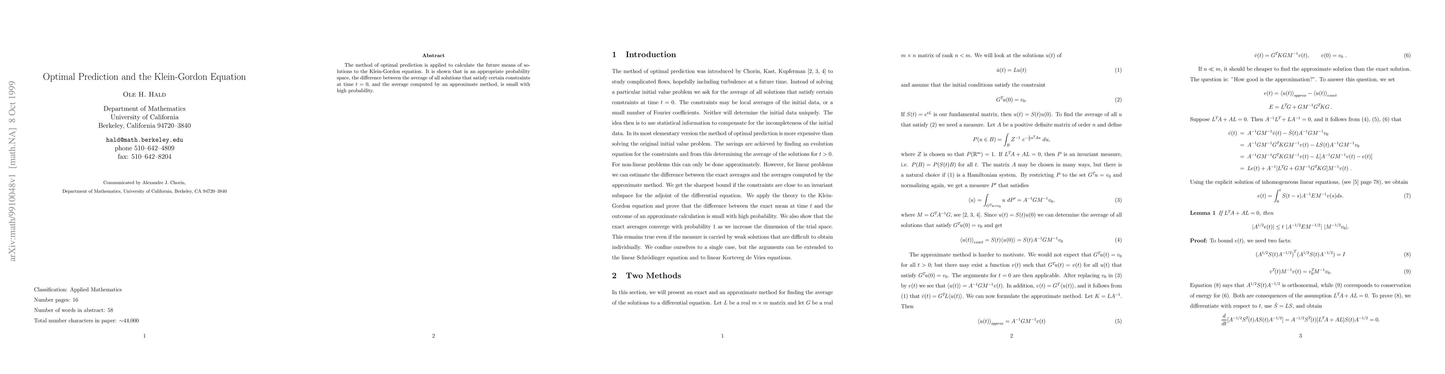 Thumbnail for Optimal prediction and the Klein-Gordon equation