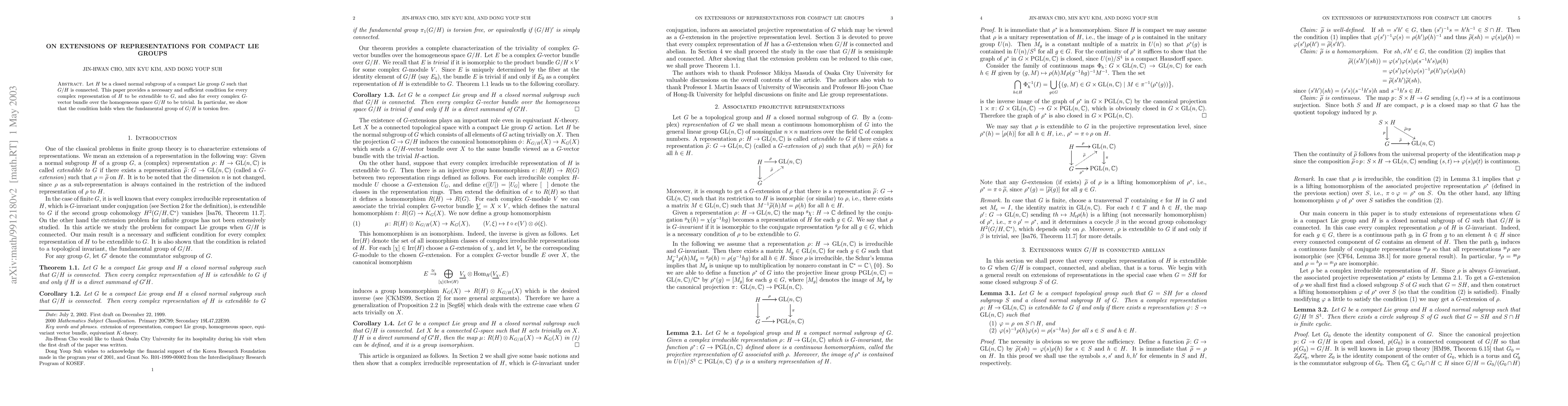 Thumbnail for On extensions of representations for compact Lie groups