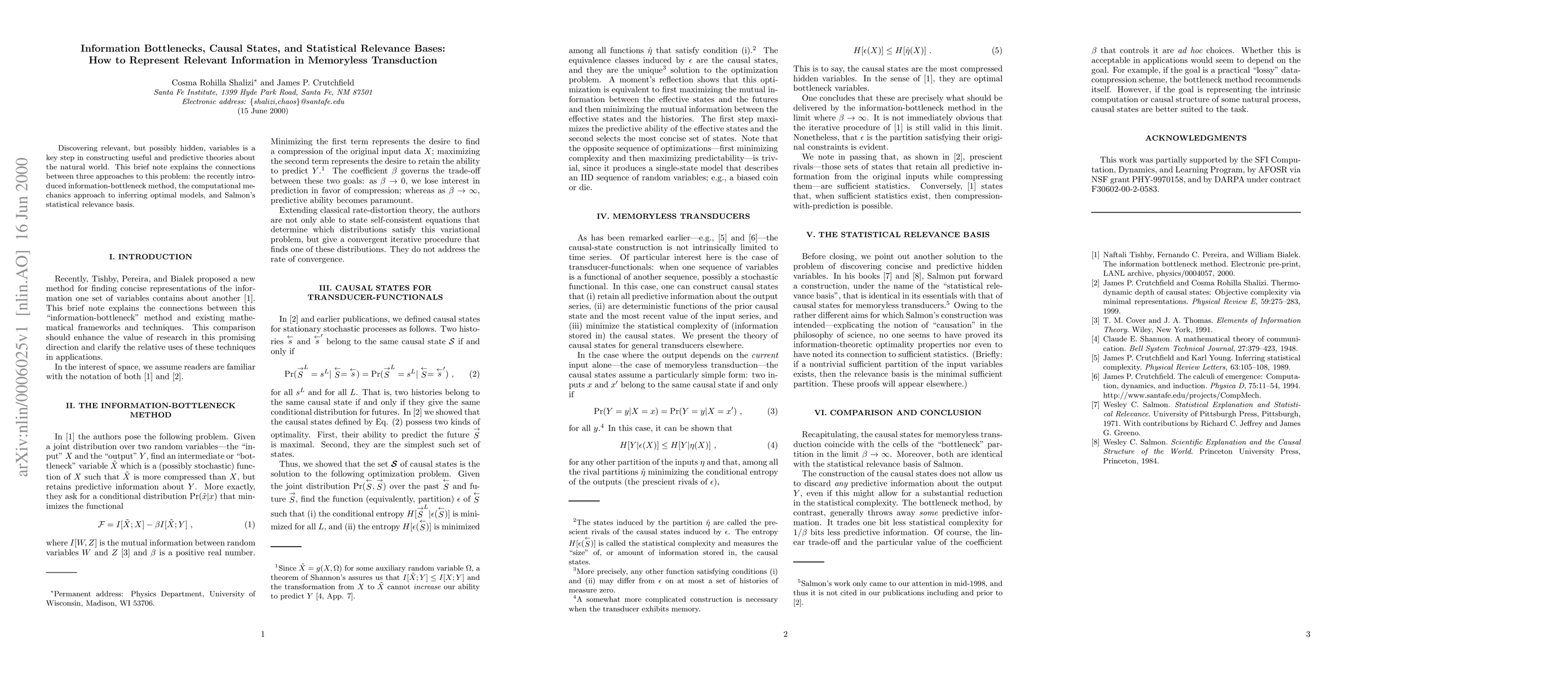 Thumbnail for Information Bottlenecks, Causal States, and Statistical Relevance Bases:
  How to Represent Relevant Information in Memoryless Transduction