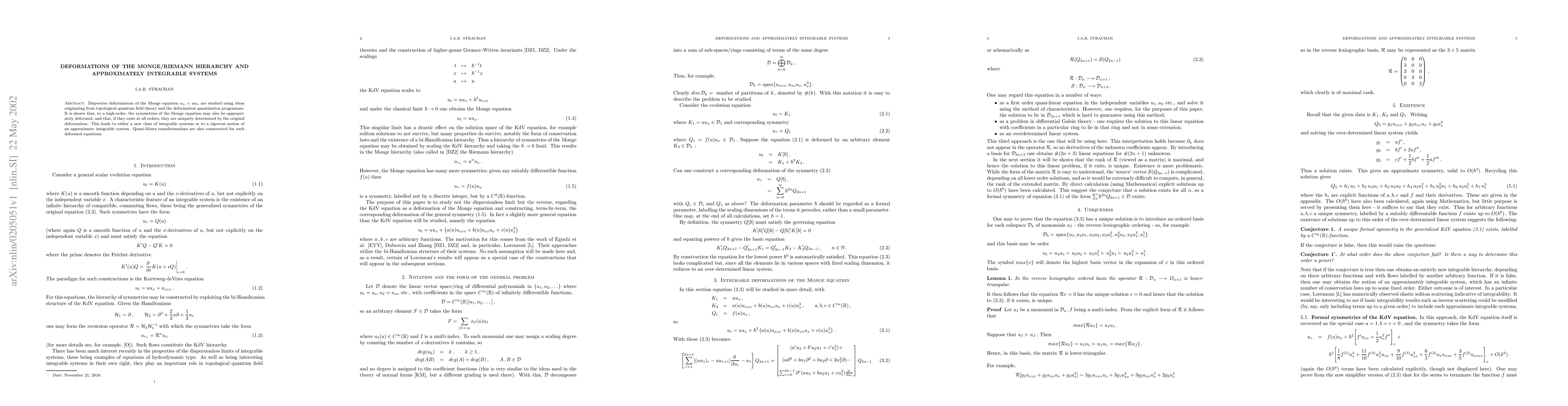 Thumbnail for Deformations of the Monge/Riemann hierarchy and approximately integrable
  systems