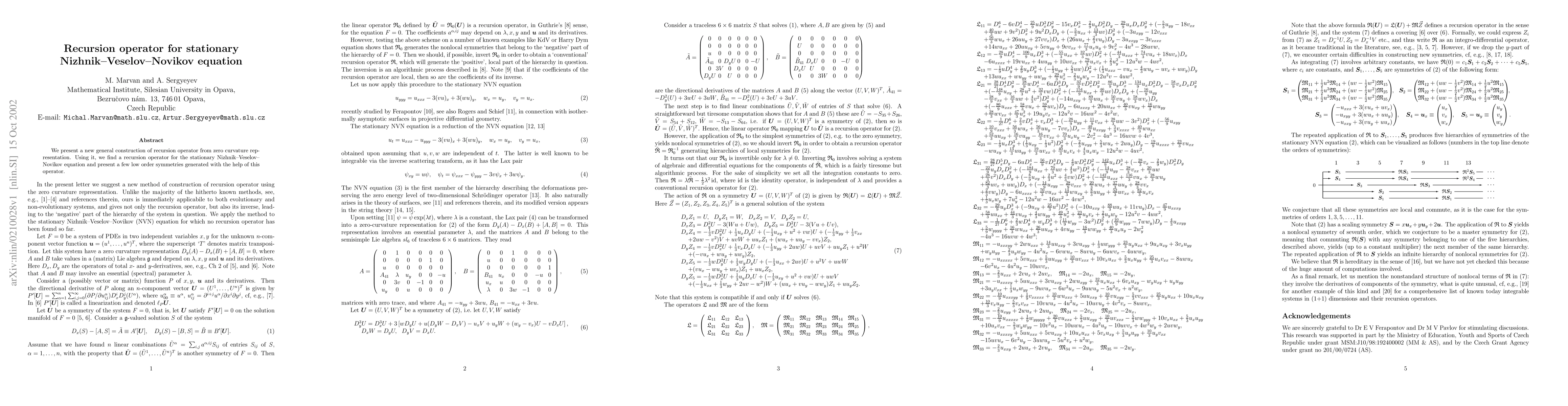 Thumbnail for Recursion operator for stationary Nizhnik--Veselov--Novikov equation
