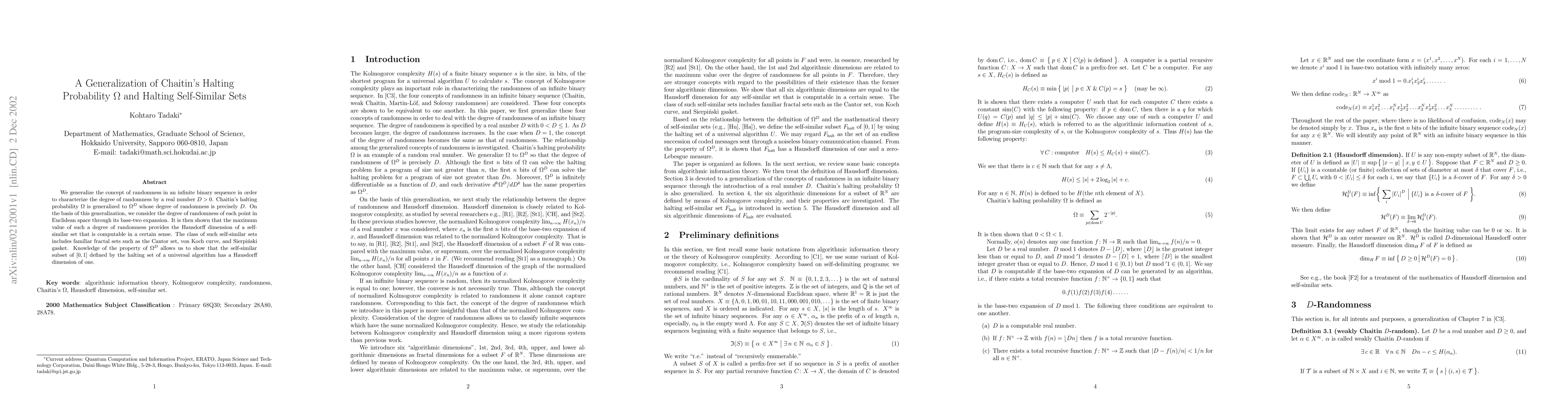 Thumbnail for A Generalization of Chaitin's Halting Probability \Omega and Halting
  Self-Similar Sets