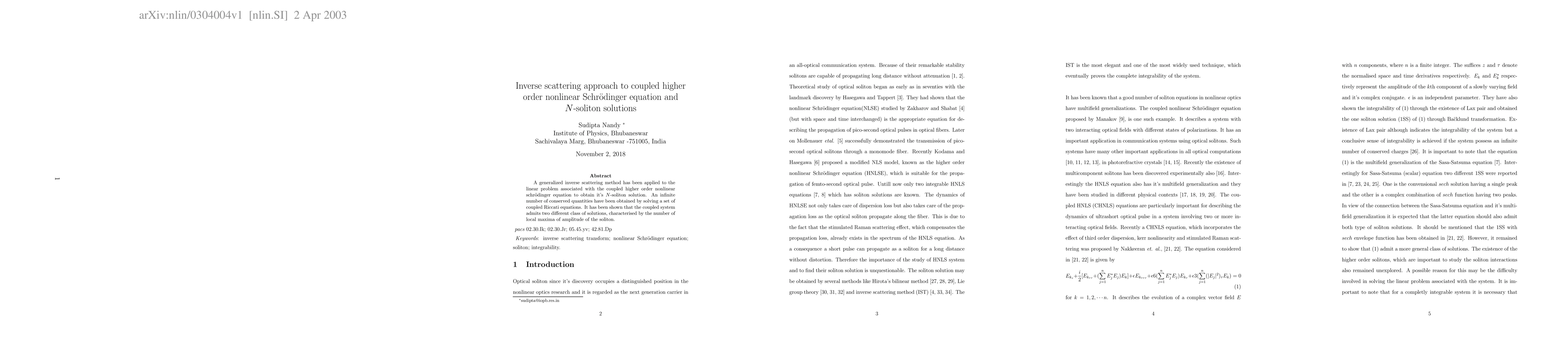 Thumbnail for Inverse scattering approach to coupled higher order nonlinear
  Schr\"odinger equation and N-soliton solutions