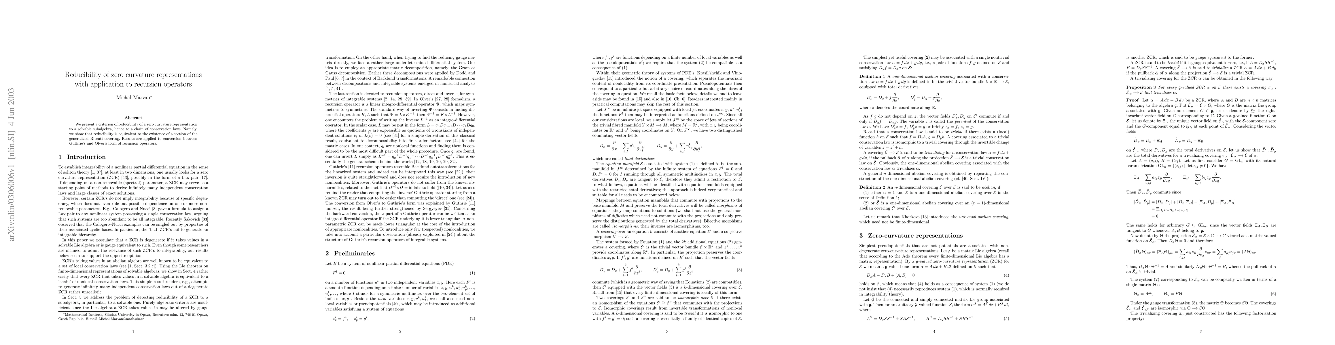 Thumbnail for Reducibility of zero curvature representations with application to
  recursion operators