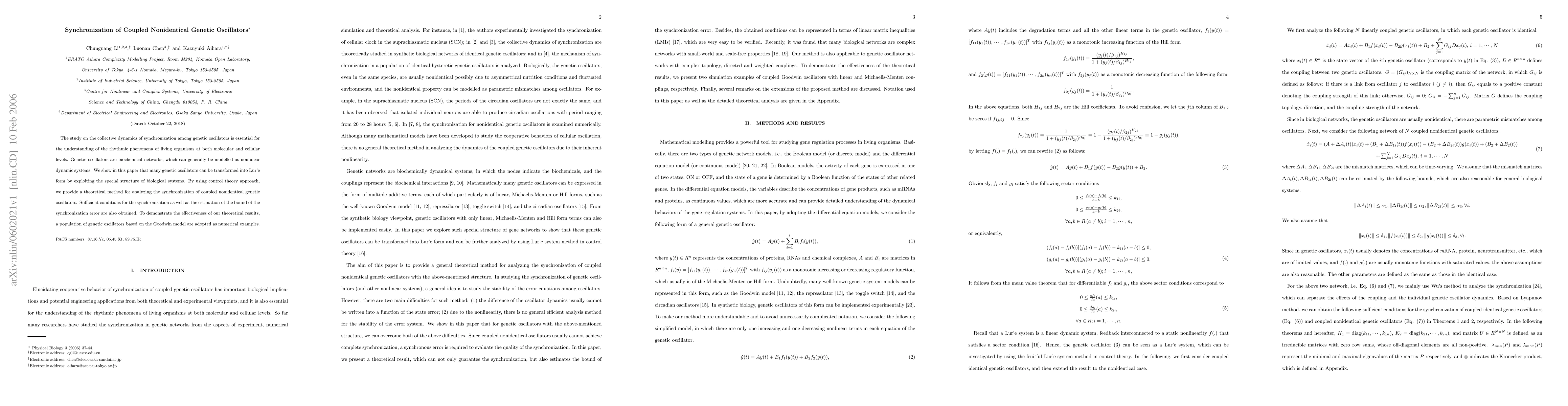 Thumbnail for Synchronization of Coupled Nonidentical Genetic Oscillators