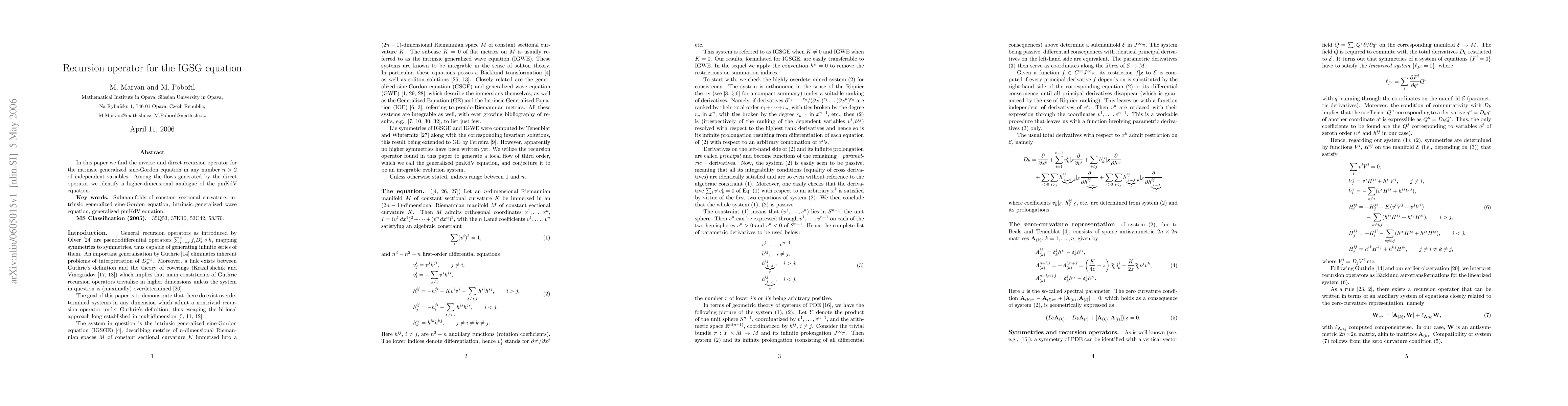 Thumbnail for Recursion operator for the IGSG equation