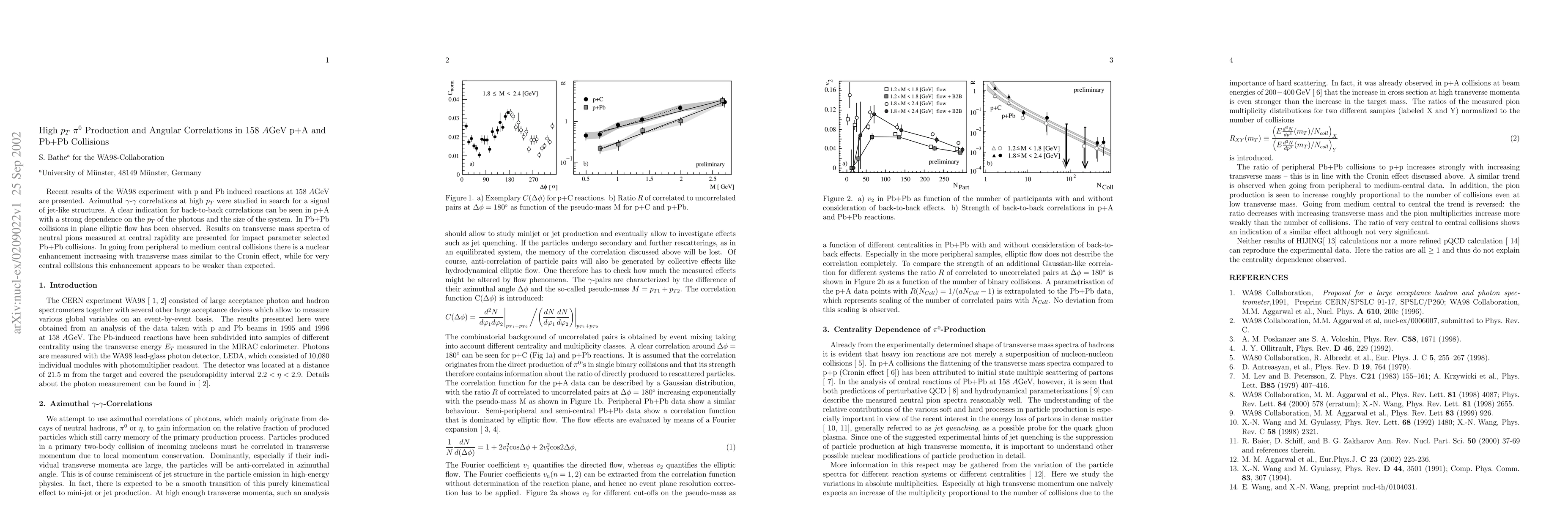 Thumbnail for High pT pi0 Production and Angular Correlations in 158 AGeV p+A and
  Pb+Pb Collisions