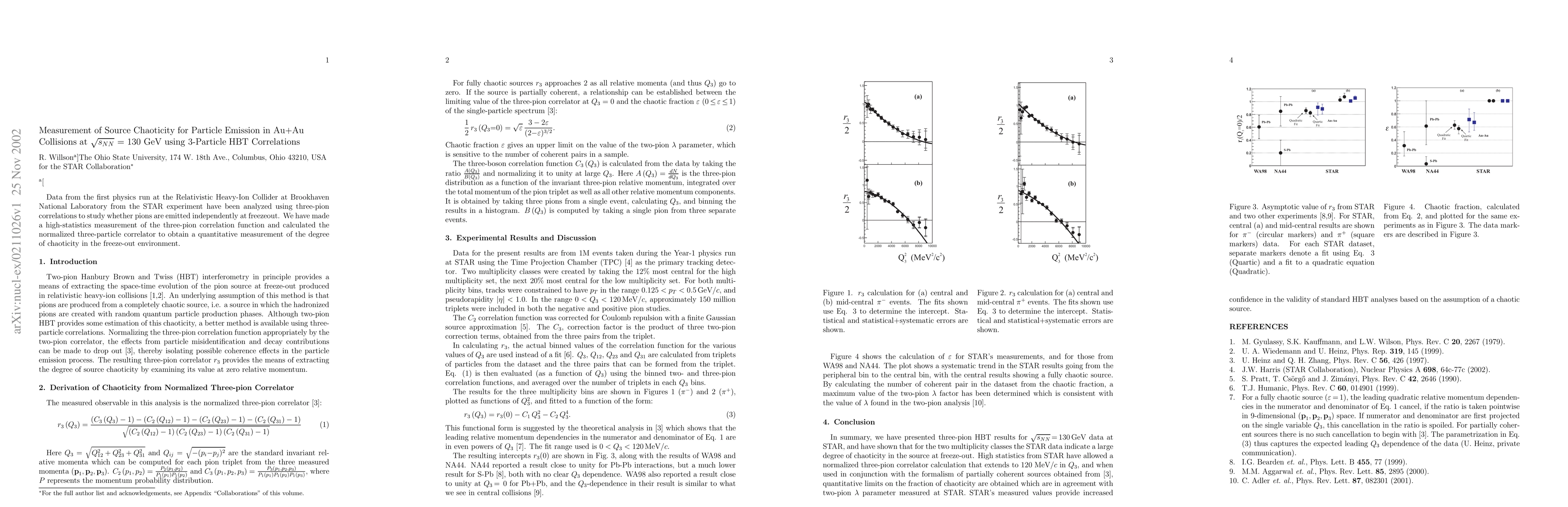 Thumbnail for Measurement of Source Chaoticity for Particle Emission in Au+Au
  Collisions at $\sqrt{s_{NN}}$ = 130 GeV using 3-Particle HBT Correlations