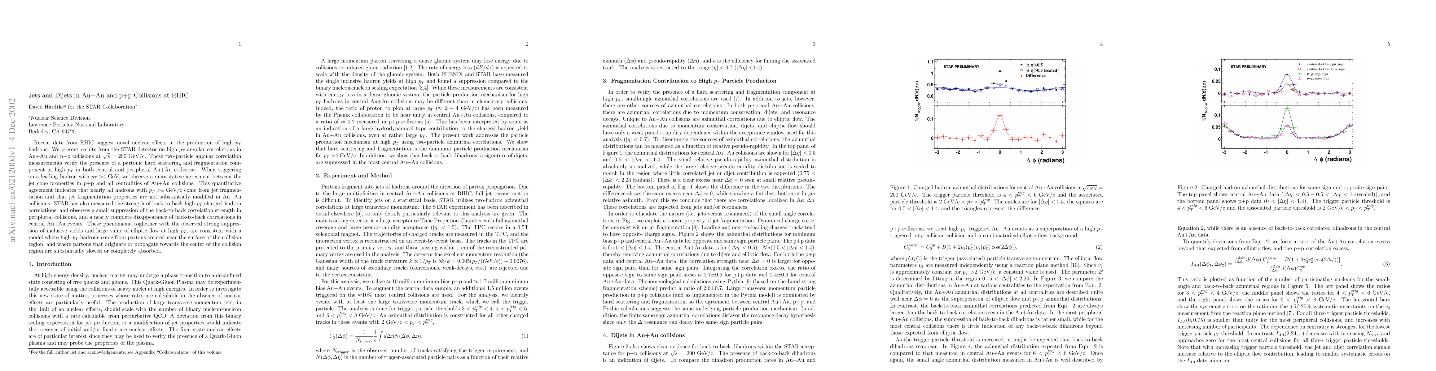 Thumbnail for Jets and Dijets in Au+Au and p+p Collisions at RHIC