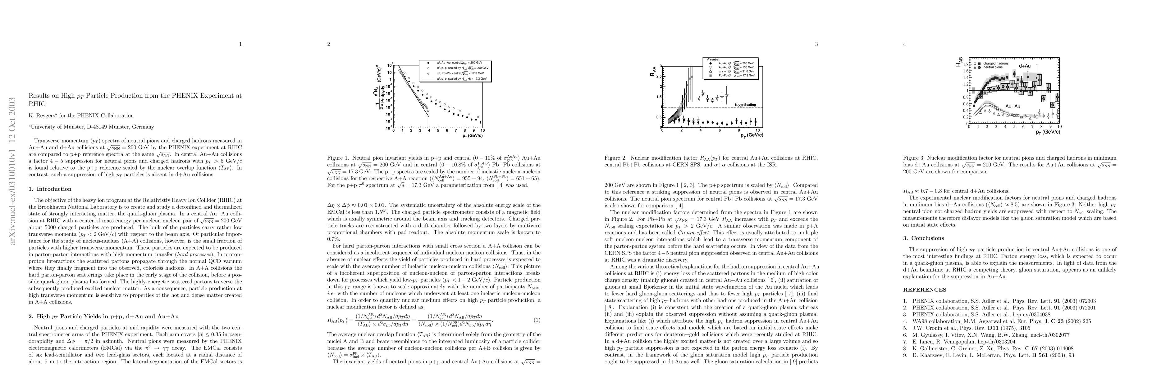 Thumbnail for Results on High p_T Particle Production from the PHENIX Experiment at
  RHIC
