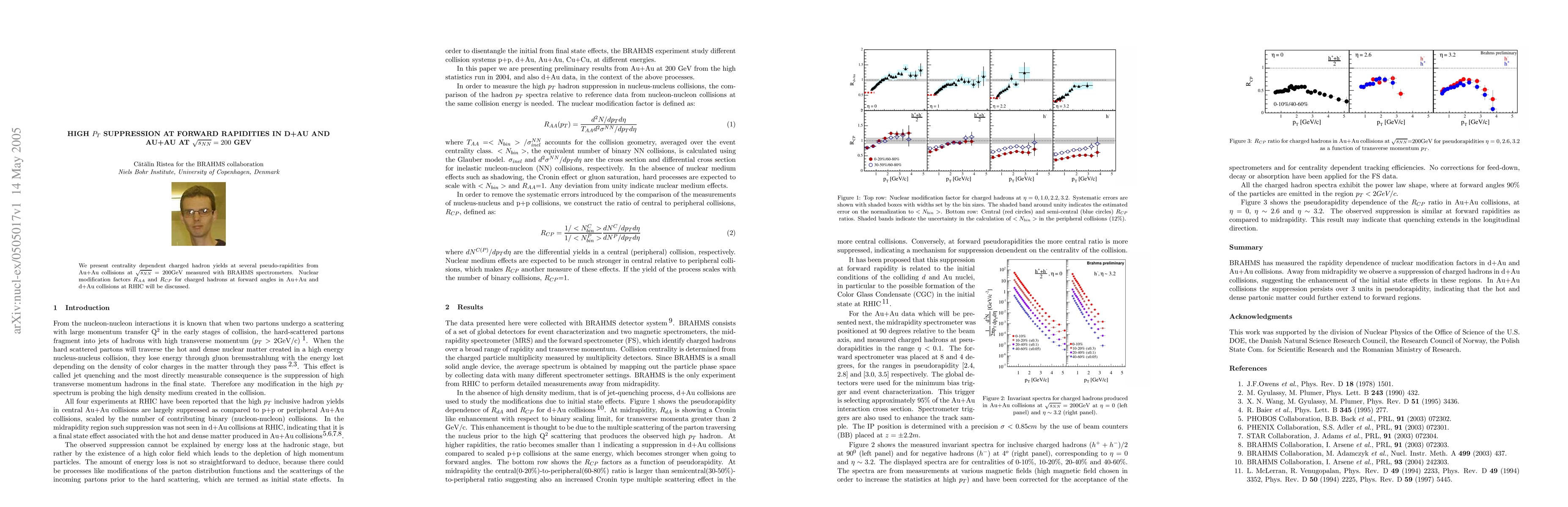 Thumbnail for High Pt Suppression at Forward Rapidities in d+Au and Au+Au at
  Sqrt(s)=200 GeV