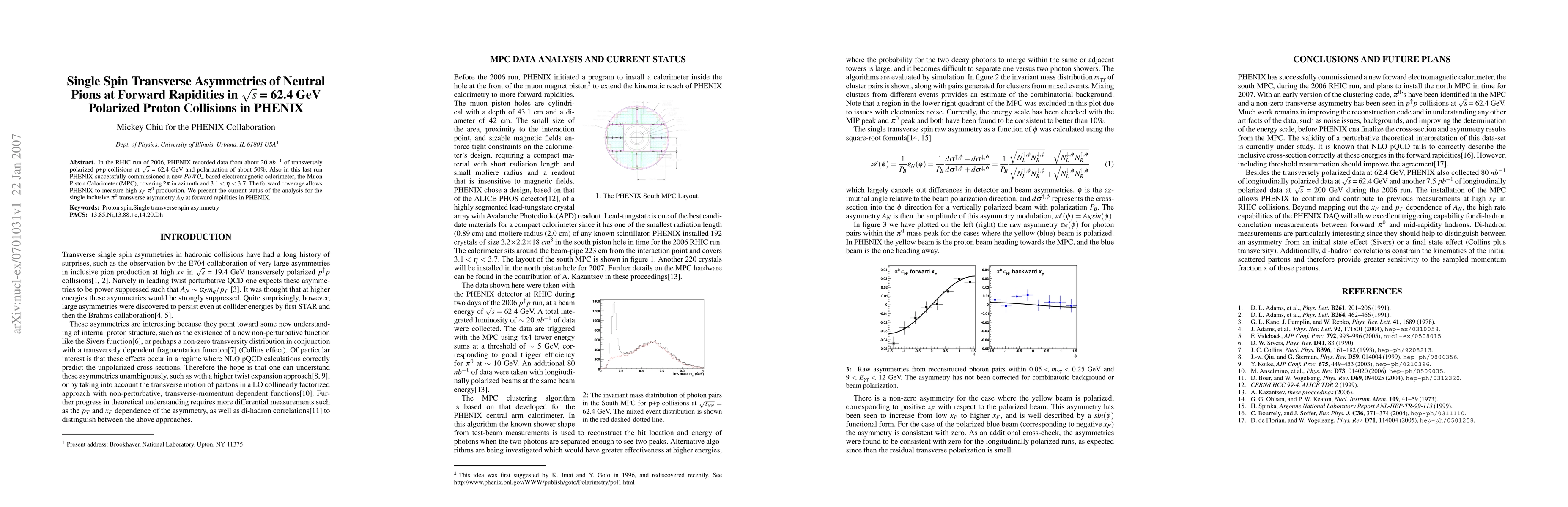 Thumbnail for Single Spin Transverse Asymmetries of Neutral Pions at Forward
  Rapidities in sqrt(s) = 62.4 GeV Polarized Proton Collisions in PHENIX
