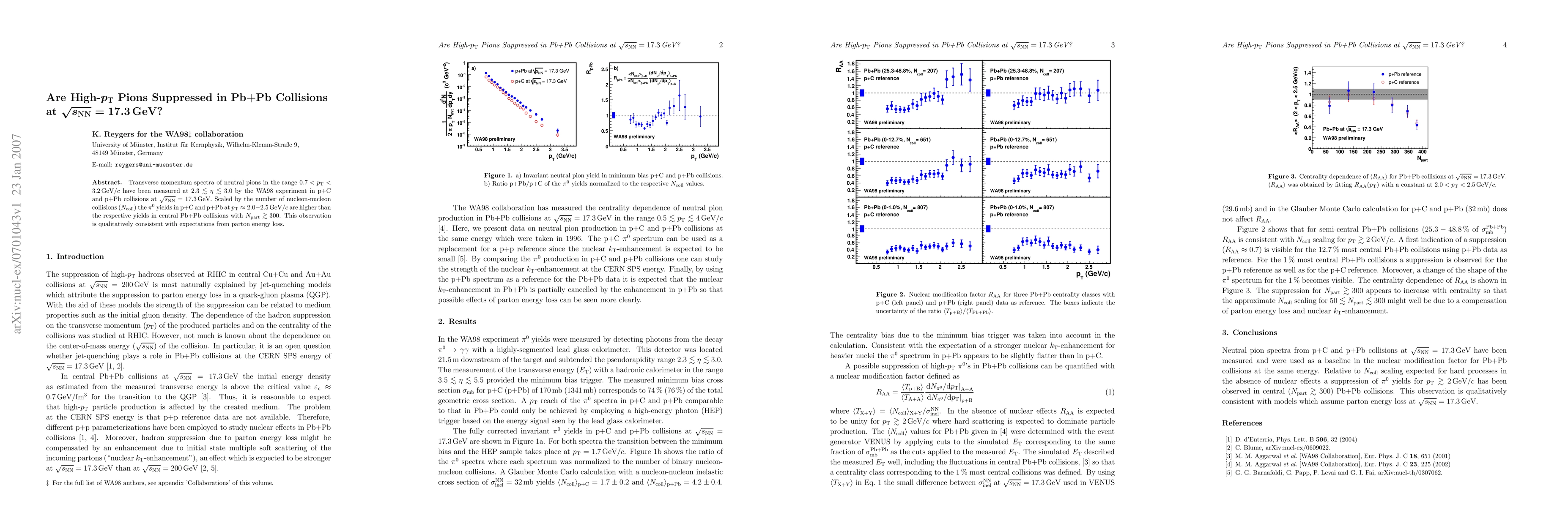 Thumbnail for Are High-pT Pions Suppressed in Pb+Pb Collisions at sqrt(sNN) = 17.3
  GeV?