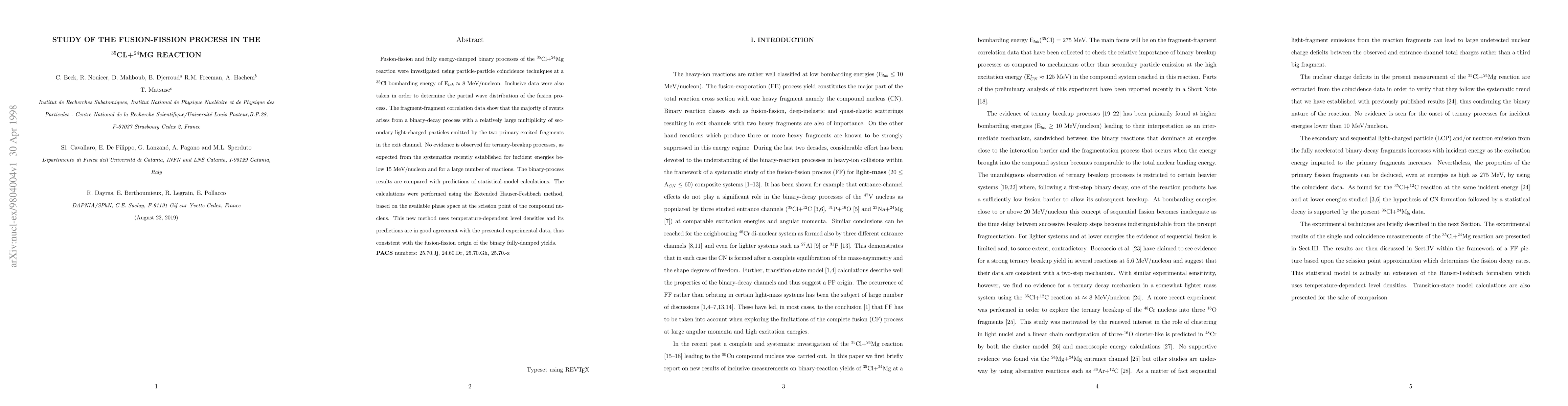 Thumbnail for Study of the Fusion-Fission Process in the $^{35}Cl+^{24}Mg$ Reaction