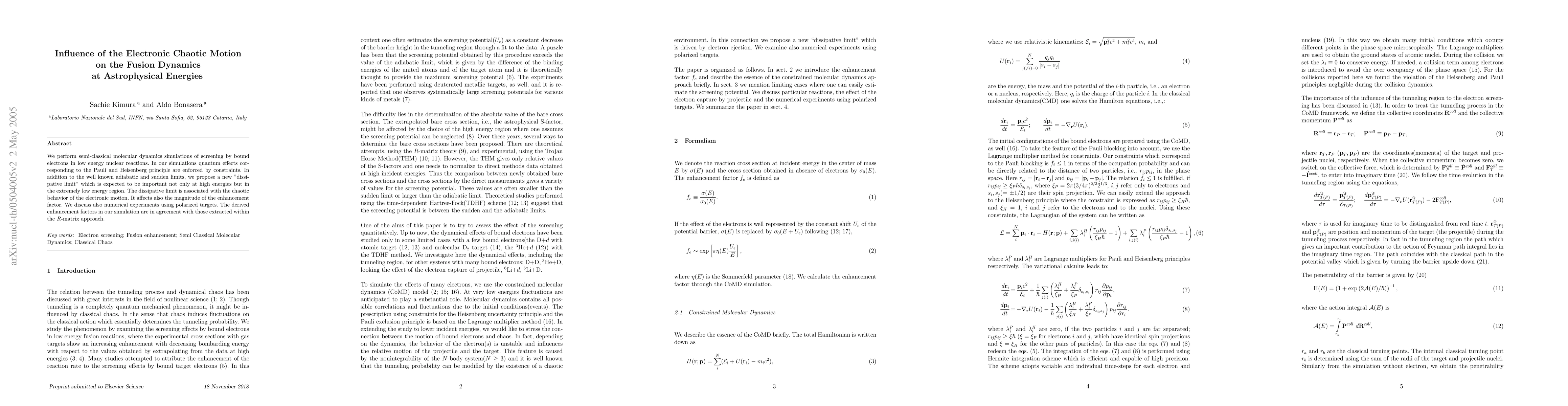 Thumbnail for Influence of the Electronic Chaotic Motion on the Fusion Dynamics at
  Astrophysical Energies