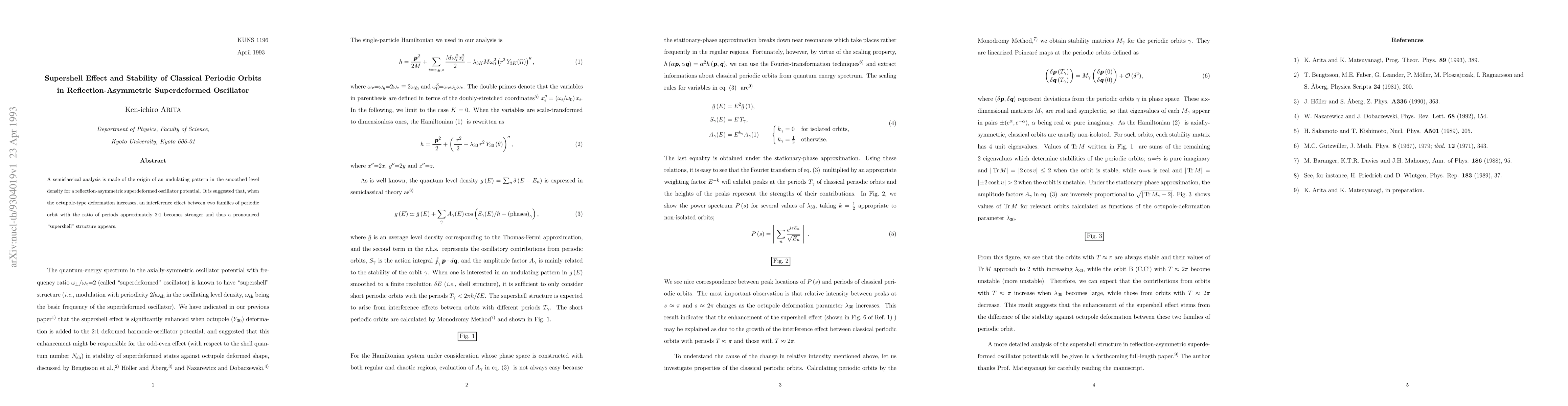 Thumbnail for Supershell Effect and Stability of Classical Periodic Orbits in
  Reflection-Asymmetric Superdeformed Oscillator