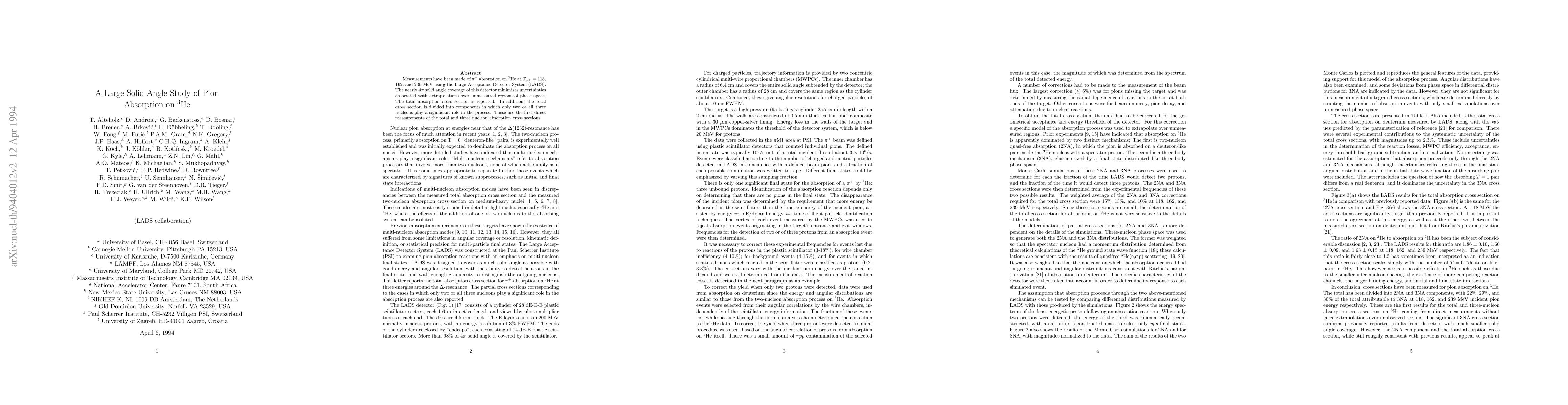 Thumbnail for A Large Solid Angle Study of Pion Absorption on He3
