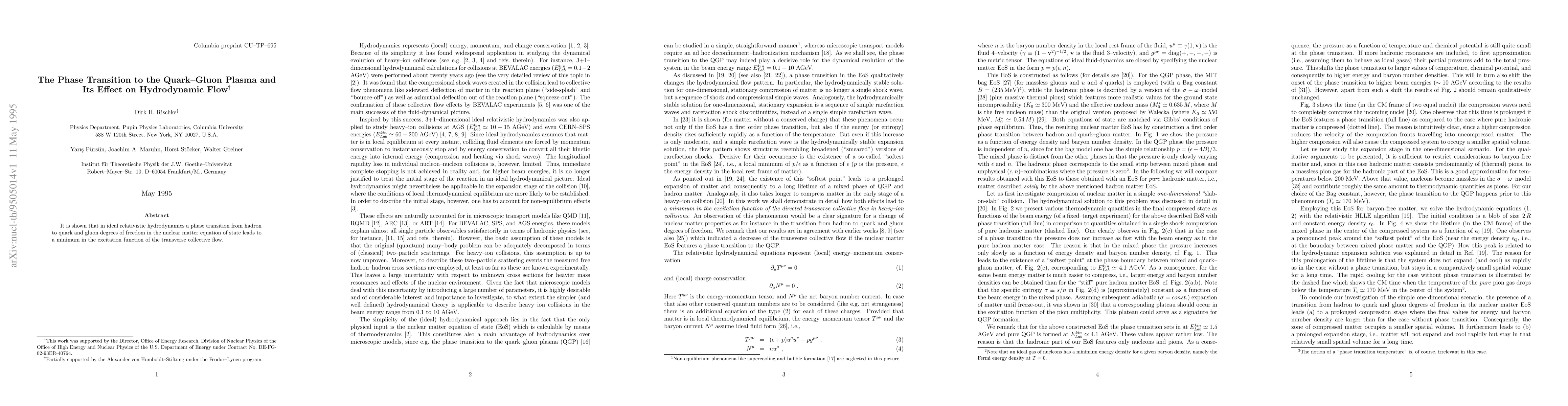 Thumbnail for The Phase Transition to the Quark-Gluon Plasma and Its Effect on
  Hydrodynamic Flow