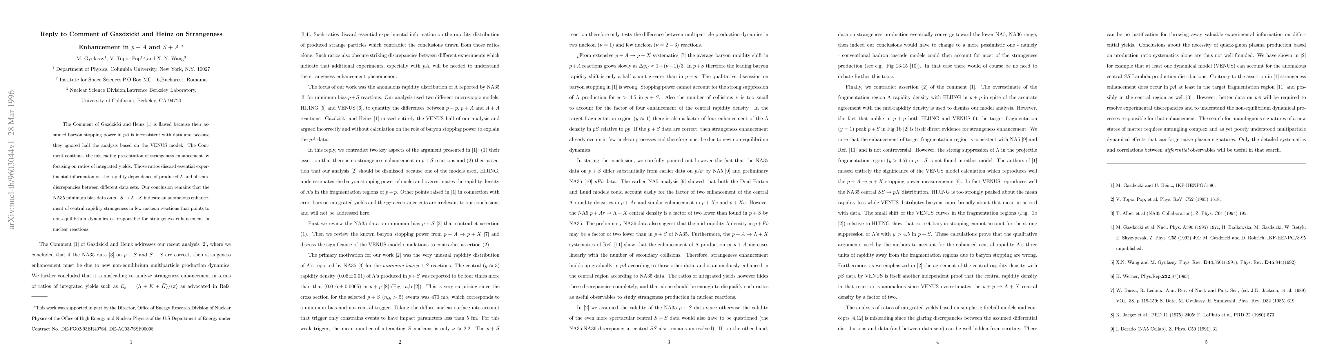 Thumbnail for Reply to Comment of Gazdzicki and Heinz on Strangeness Enhancement in
  $p+A$ and $S+A$