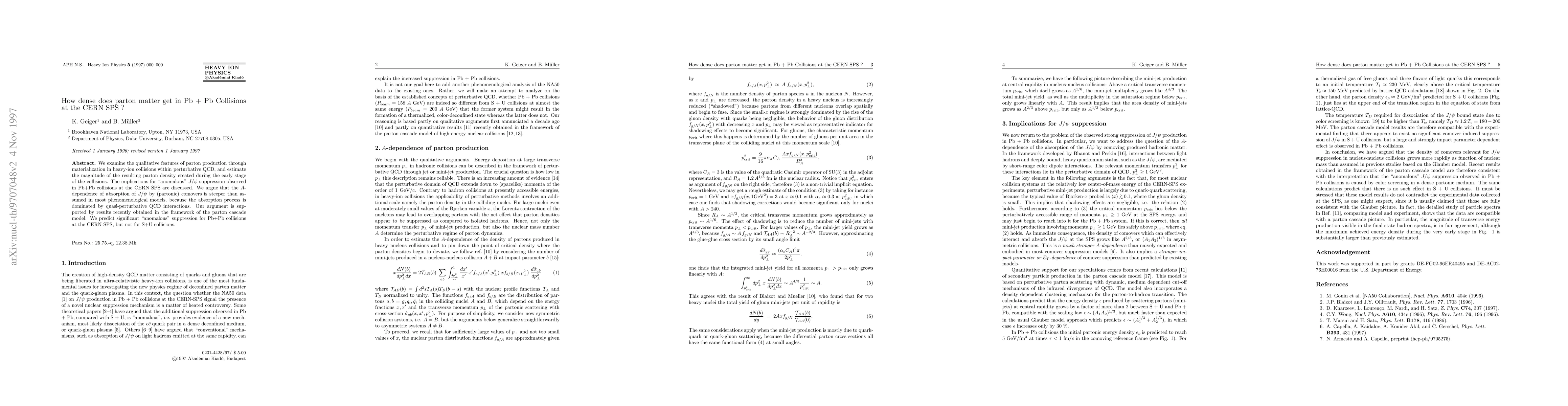 Thumbnail for How dense does parton matter get in Pb + Pb Collisions at the CERN SPS?