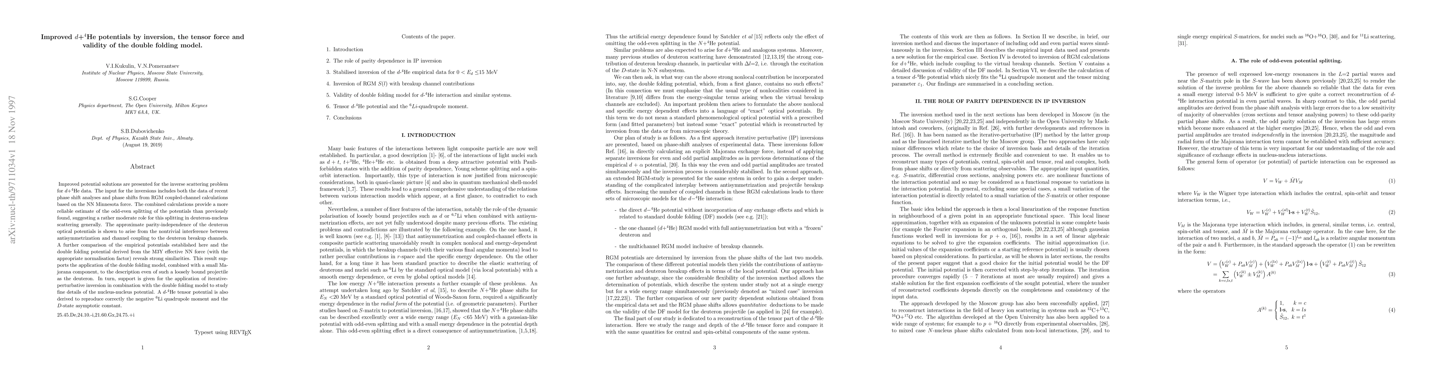 Thumbnail for Improved $d$+$^4$He potentials by inversion, the tensor force and
  validity of the double folding model