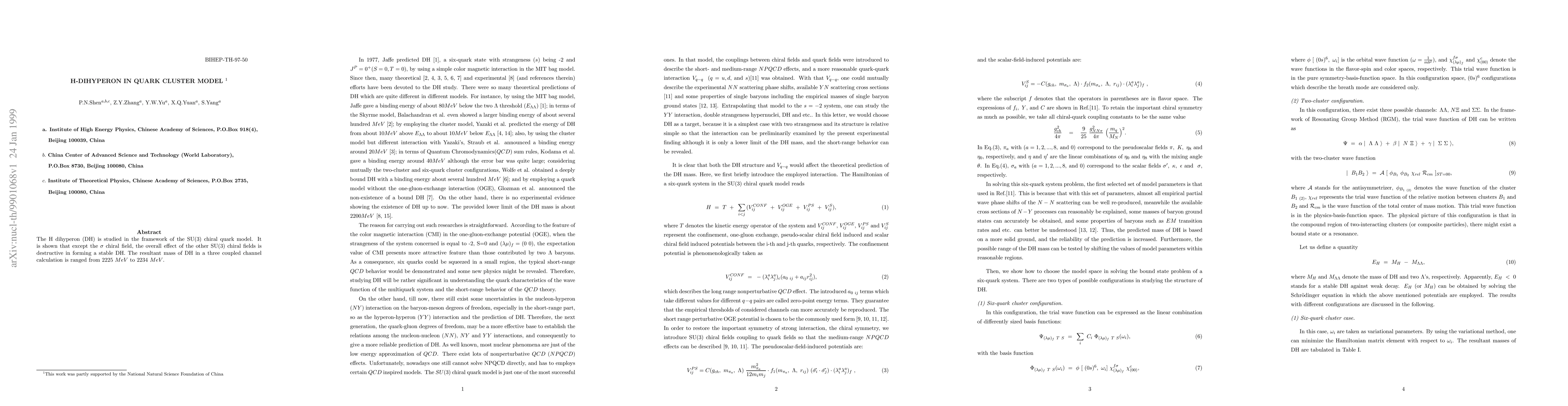 Thumbnail for H-Dihyperon in Quark Cluster Model