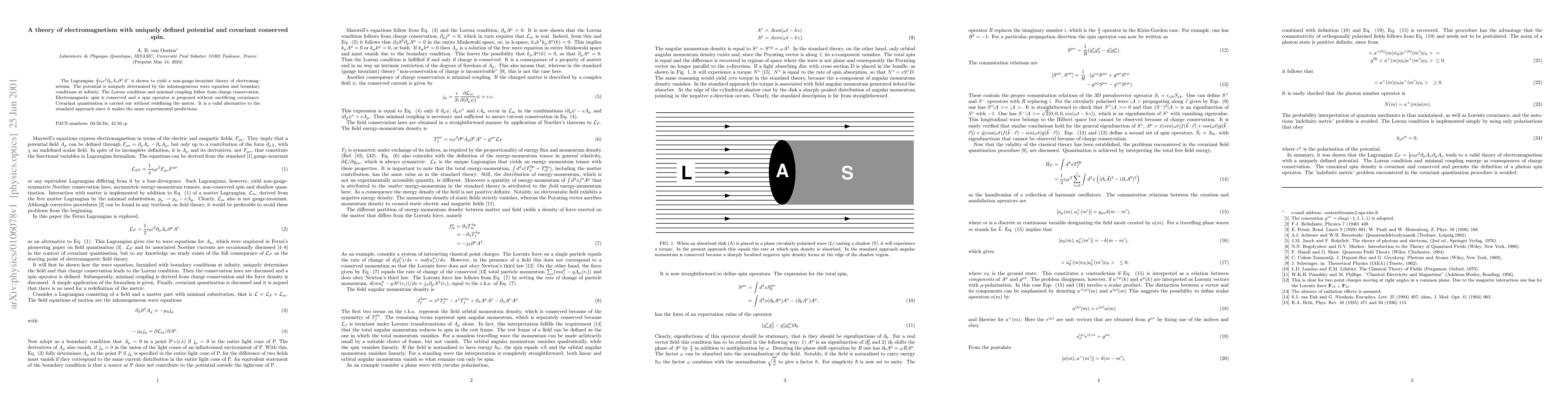 Thumbnail for A theory of electromagnetism with uniquely defined potential and
  covariant conserved spin
