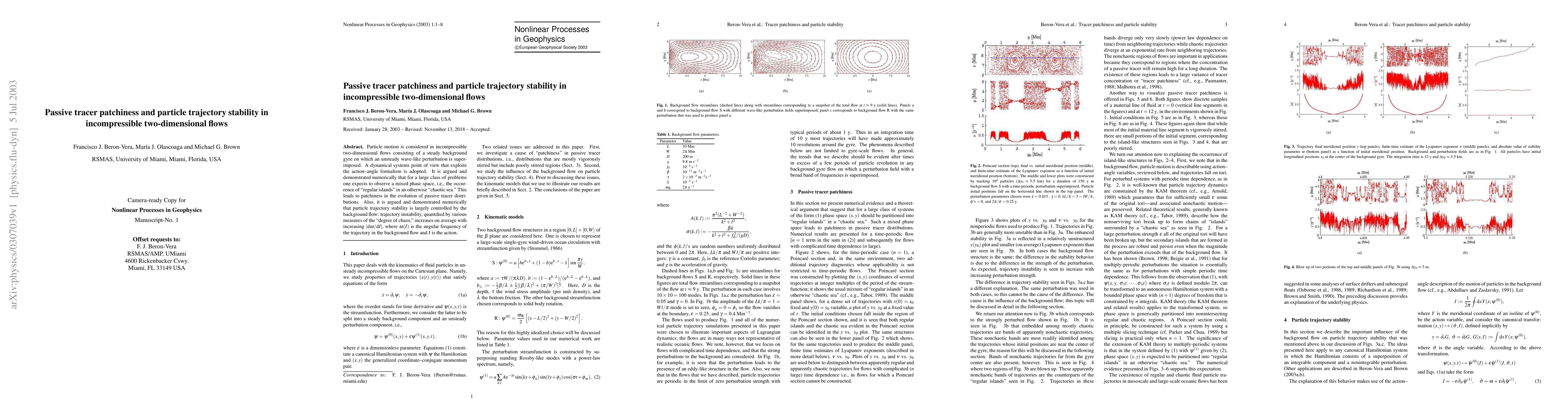 Thumbnail for Passive tracer patchiness and particle trajectory stability in
  incompressible two-dimensional flows