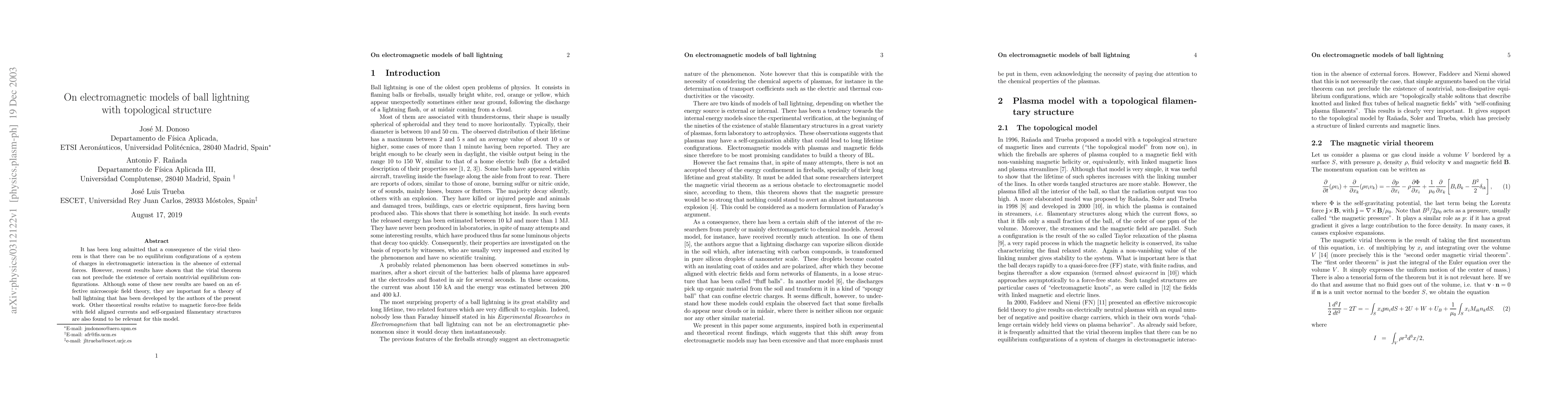Thumbnail for On electromagnetic models of ball lightning with topological structure