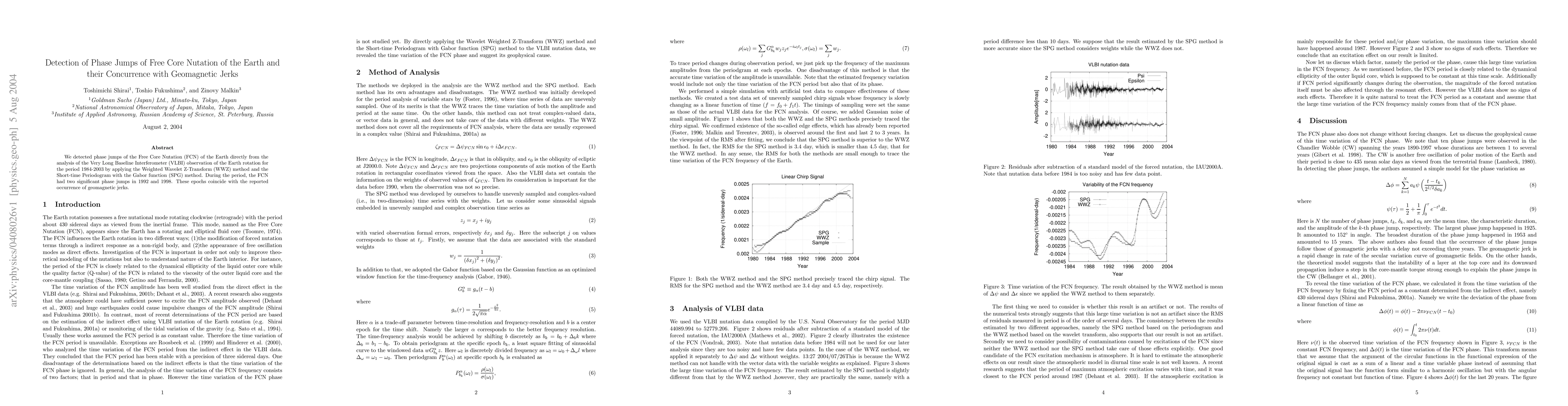 Thumbnail for Detection of Phase Jumps of Free Core Nutation of the Earth and their
  Concurrence with Geomagnetic Jerks