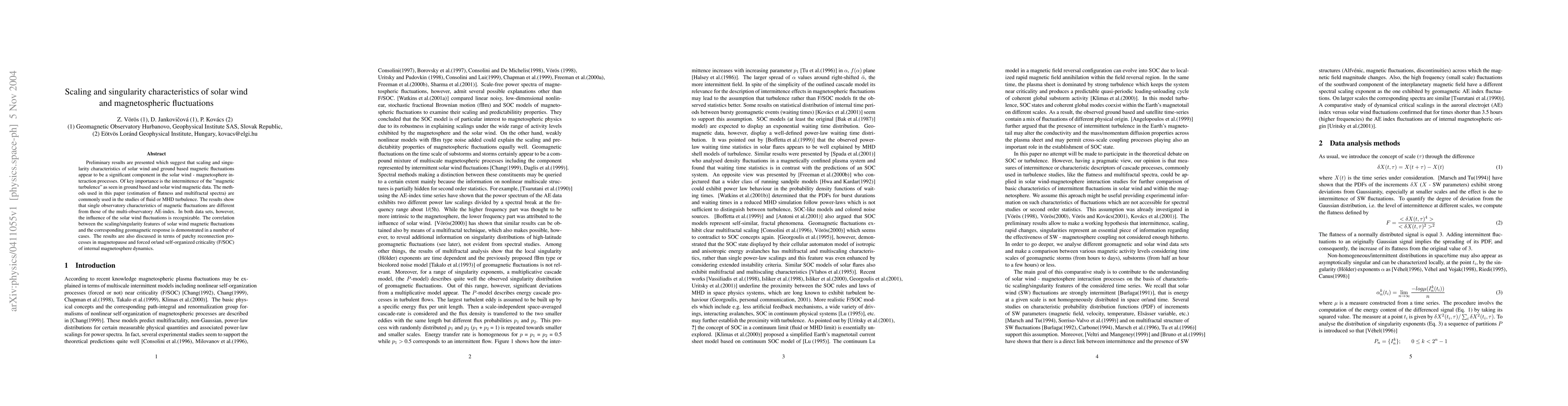Thumbnail for Scaling and singularity characteristics of solar wind and magnetospheric
  fluctuations