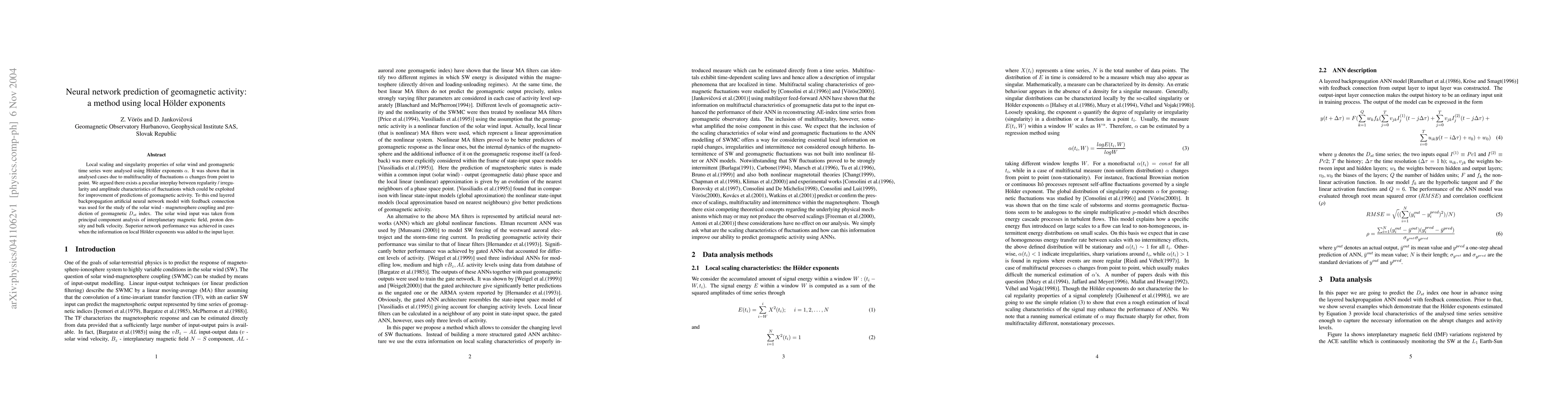 Thumbnail for Neural network prediction of geomagnetic activity: a method using local
  H\"{o}lder exponents