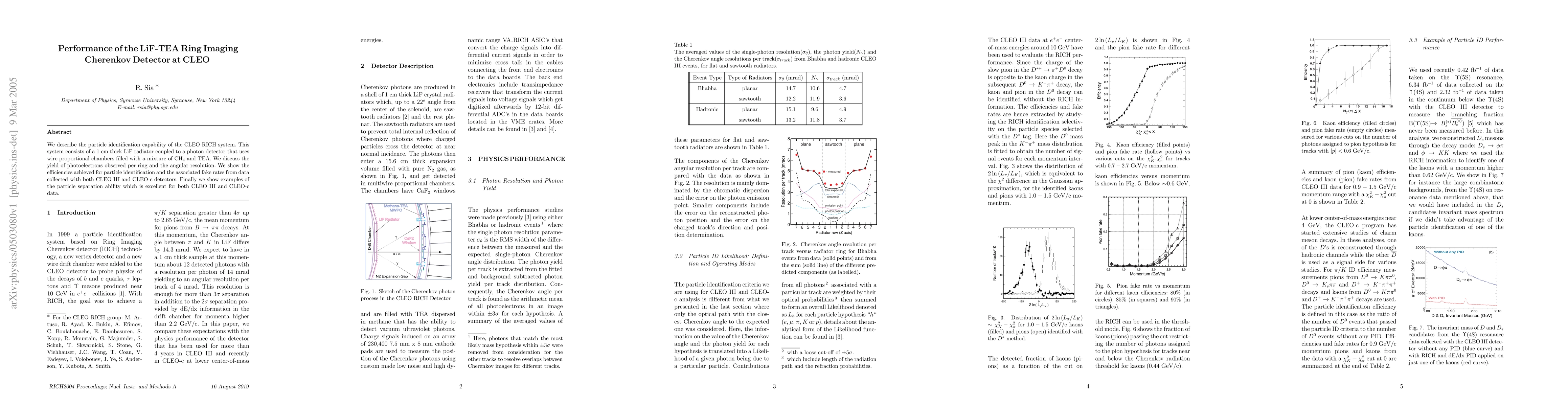 Thumbnail for Performance of the LiF-TEA Ring Imaging Cherenkov Detector at CLEO